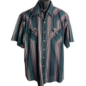 Vintage 90s Plains Western Pearl Snap Shirt 2XL Green Stripe Short Sleeve Pocket